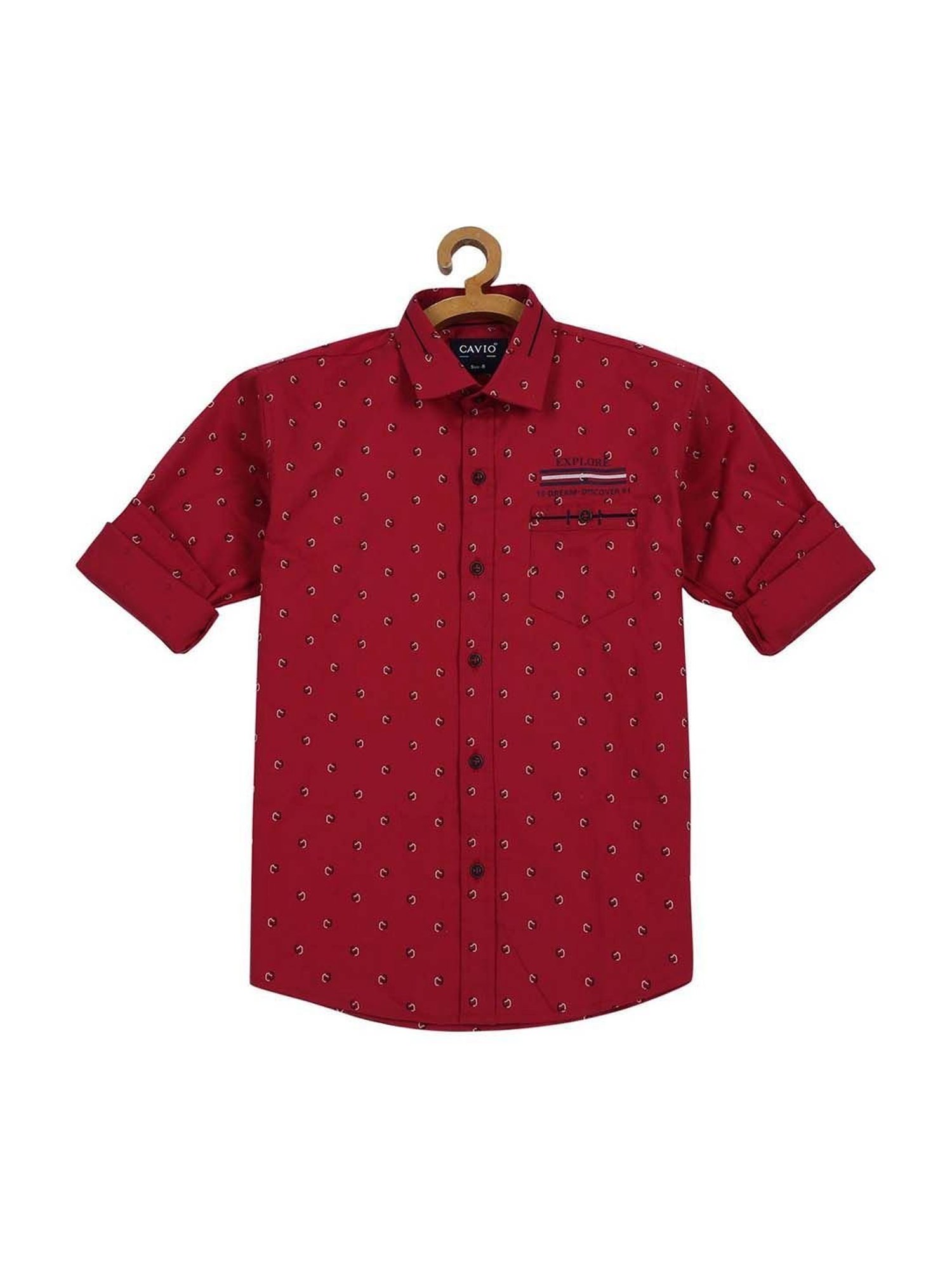 Cavio Boys Red Cotton Printed Full Sleeves Shirt
