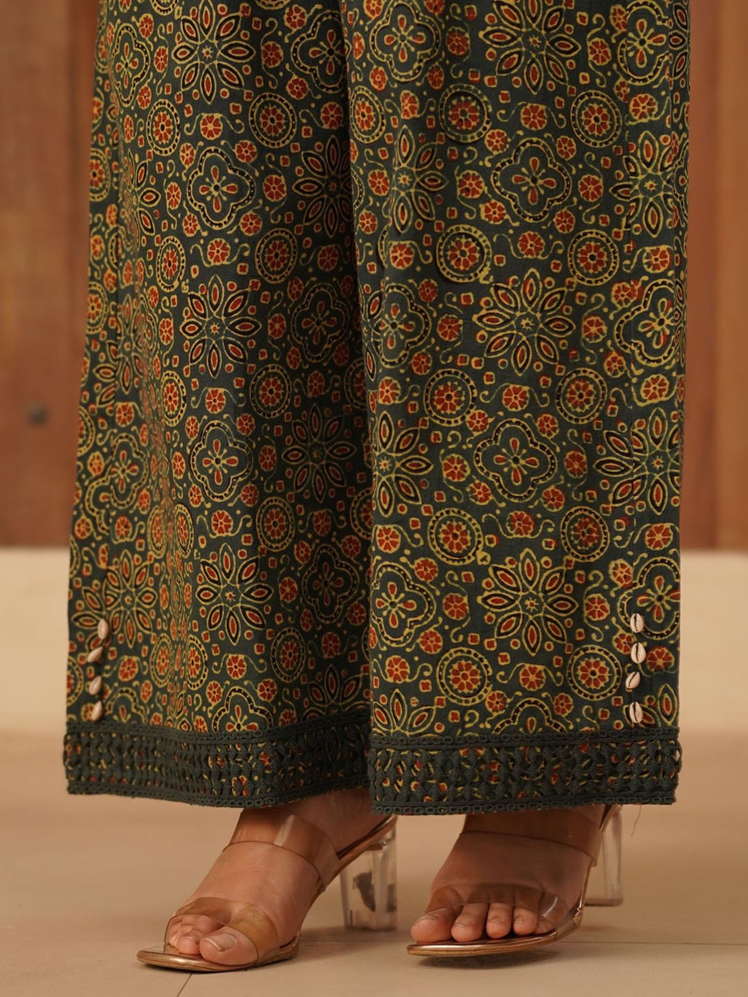 Love Chic Ajrakh Cotton Palazzo with cowrie shells and crochet lace