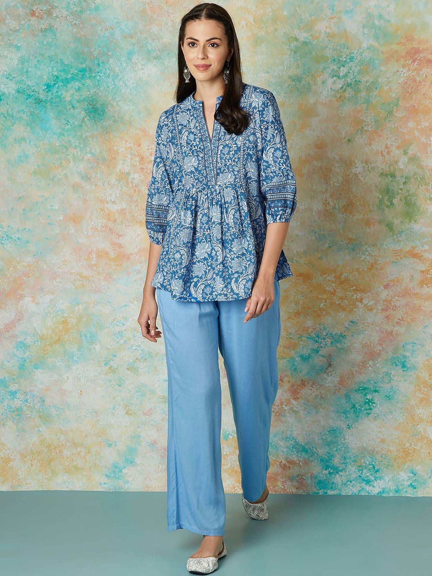 Melange by Lifestyle Blue Cotton Floral Print Tunic