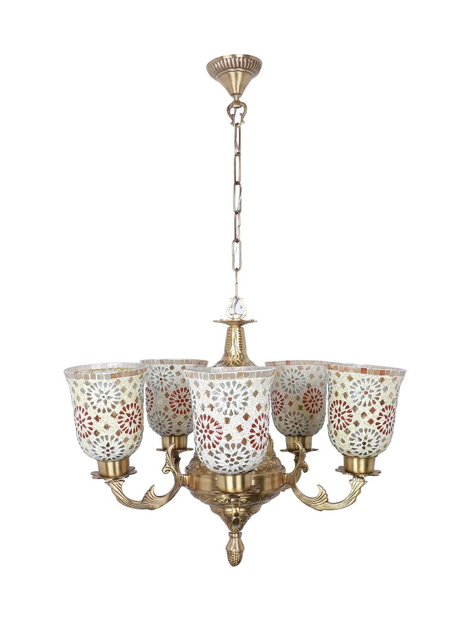 Fos Lighting Golden Priya 5 Light Brass Chandelier with Tilak Mosaic Glass Shades - Set of 1
