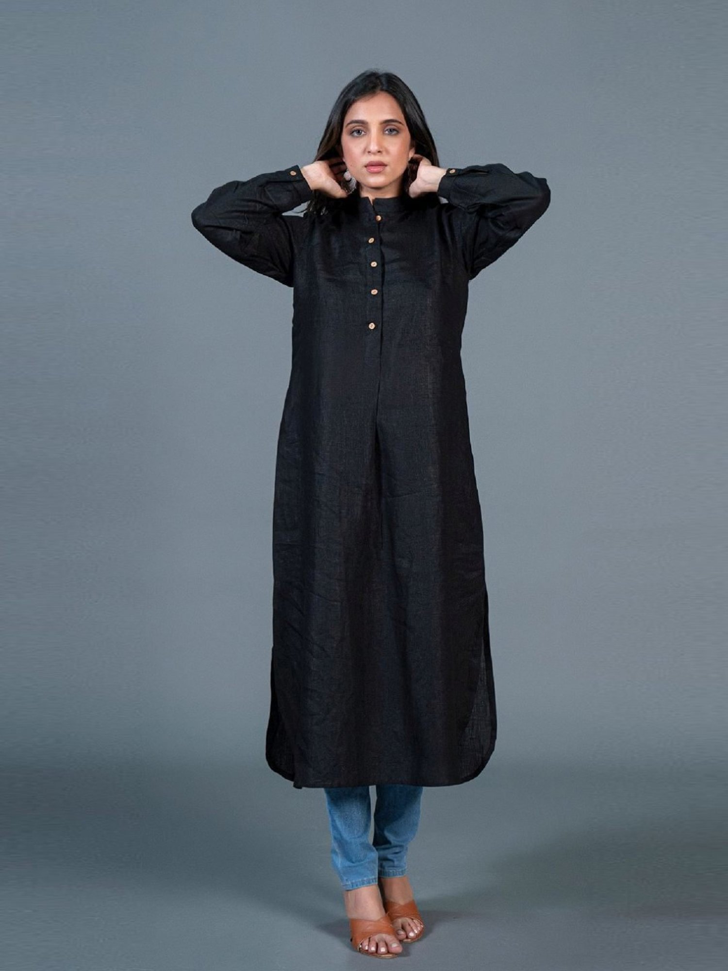 Eeshva India Black Jabha Style Linen Kurta