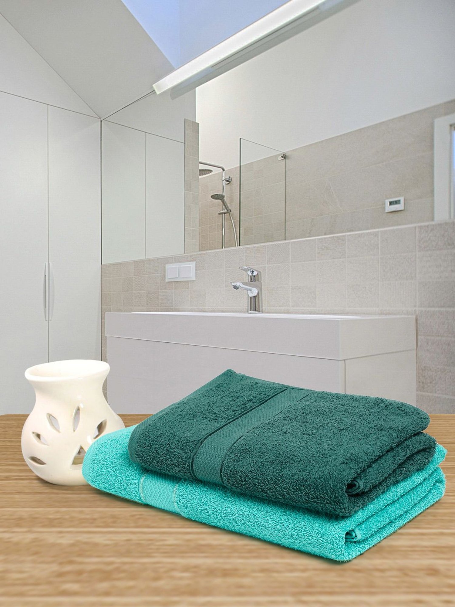 Creeva Sea Green & Dark Green 525 GSM Cotton Bath Towel Set of 2