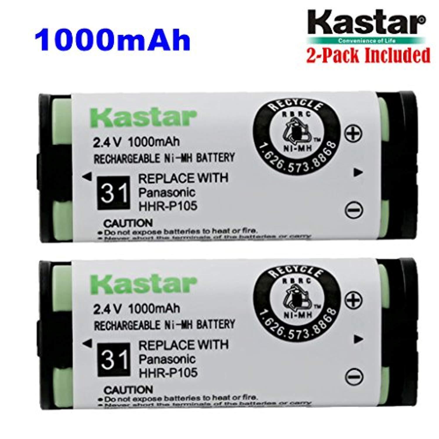 kastar hhr-p105 battery (2-pack), type 31, ni-mh rechargeable cordless telephone battery 2.4v 1000mah, replacement for panasoni