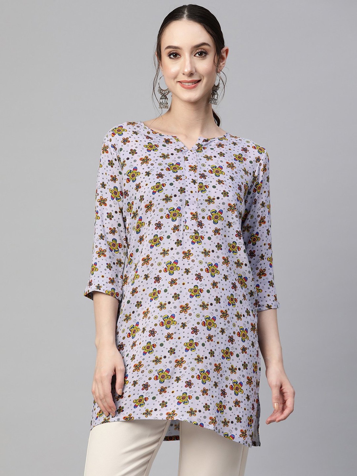 One Femme Grey Floral Print A Line Kurti