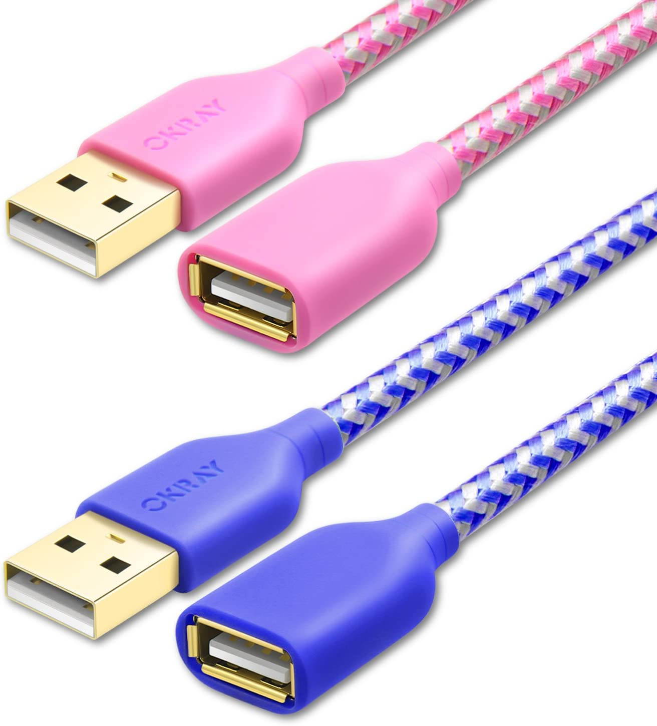 USB 2.0 Extension Cable Extender Cord 2 Pack 6 FT/1.83M Nylon Braided Type A Male to A Female with Gold-Plated Connector for Keyboard Mouse Printer Game Controller and More (White Blue)