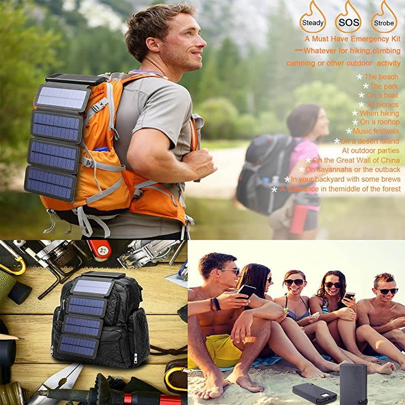 Phone Charger 10.000mAh Power Bank - Portable Smartphone & iPhone Battery + Emergency Flashlight &ndash; (2) USB Ports + (4) Foldable Panels - Fast Charging Smart IC Technology - Camping, Hiking