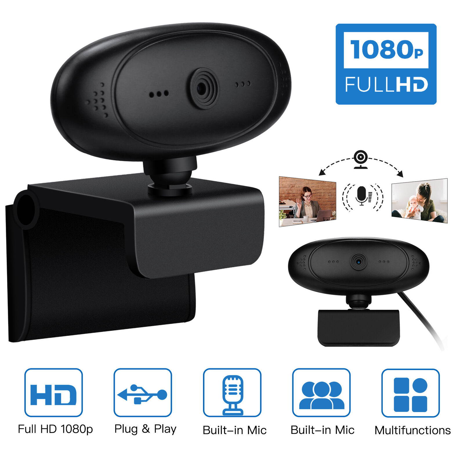 360&deg; Rotatable HD 1080P Webcam Auto Focus Web Cam Camera w/ Mic For PC Laptop