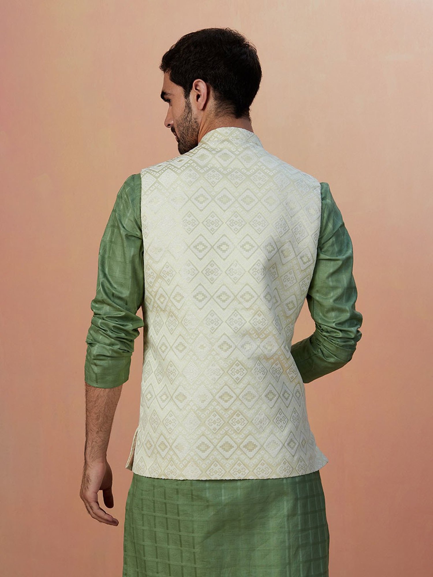 Manyavar Beige Regular Fit Self Design Nehru Jacket