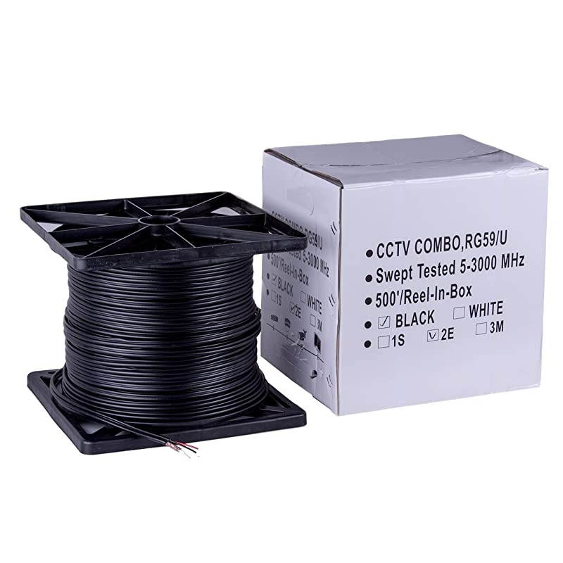 Cable 500 ft RG59 Siamese CCTV Combo Coaxial Cable 20AWG RG59 Video + 182 18AWG Power for Surviellance Security System 500 Ft Black