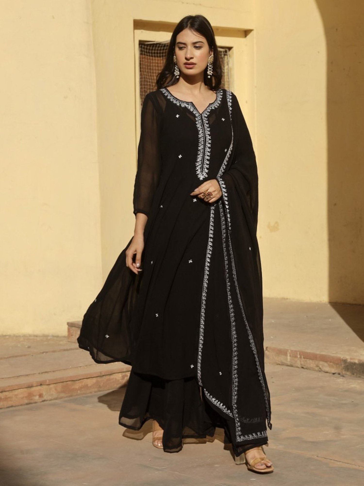 Asrumo Black Georgette White Dot Anarkali Set