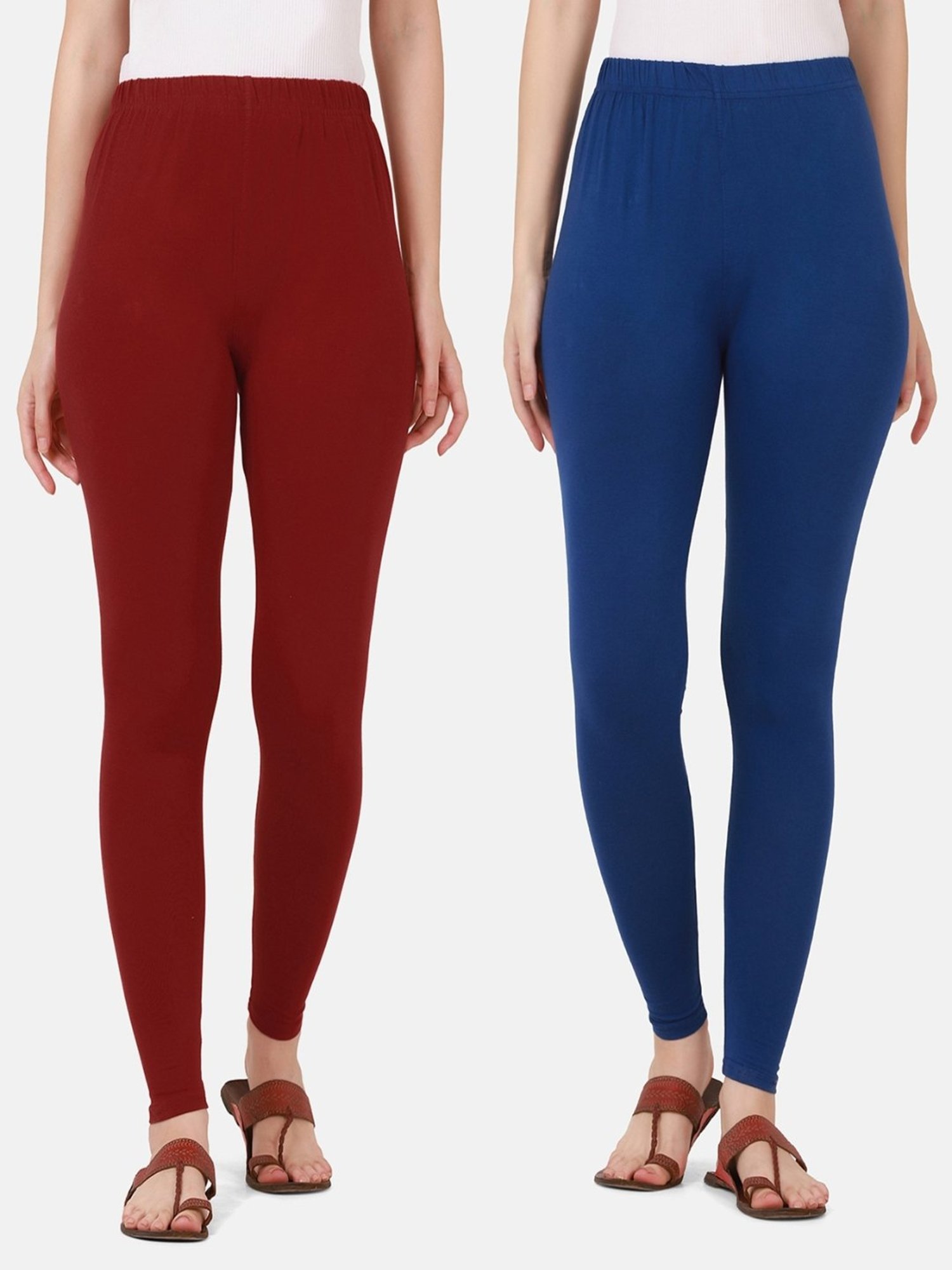 BUYNEWTREND Maroon & Blue Cotton Leggings - Pack Of 2