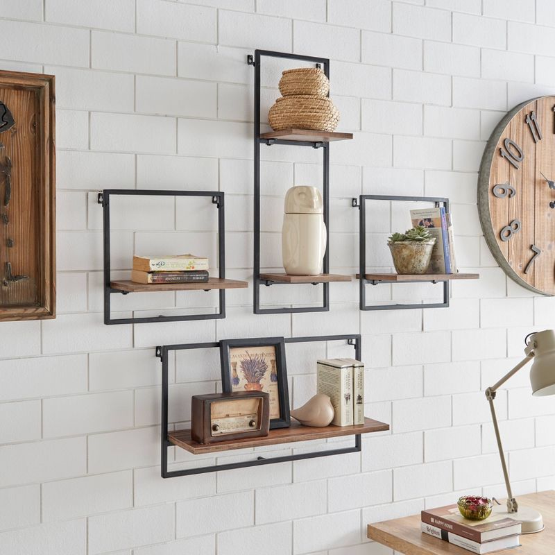 24" x 8" 4pc Rustic Industrial Framed Wall Shelf Set Black - Danya B.