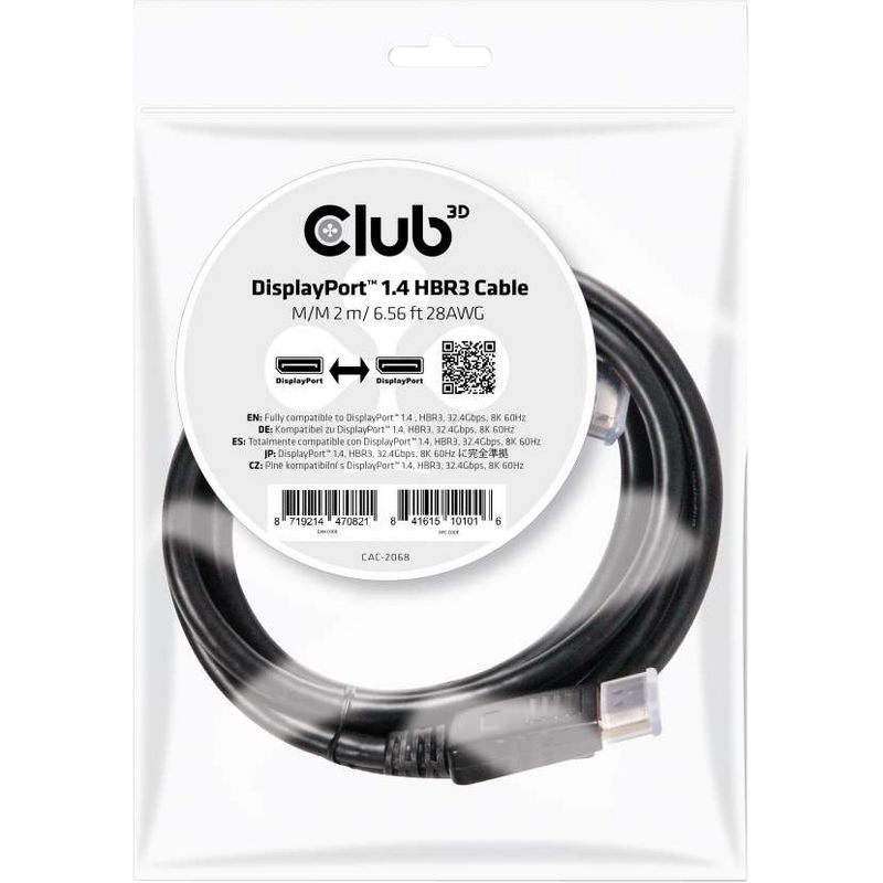 Club3D VESA Certified CAC-2068 DisplayPort to DisplayPort 1.4/Hbr3 Cable DP 1.4 8K 60Hz 2M/6.56ft, Black
