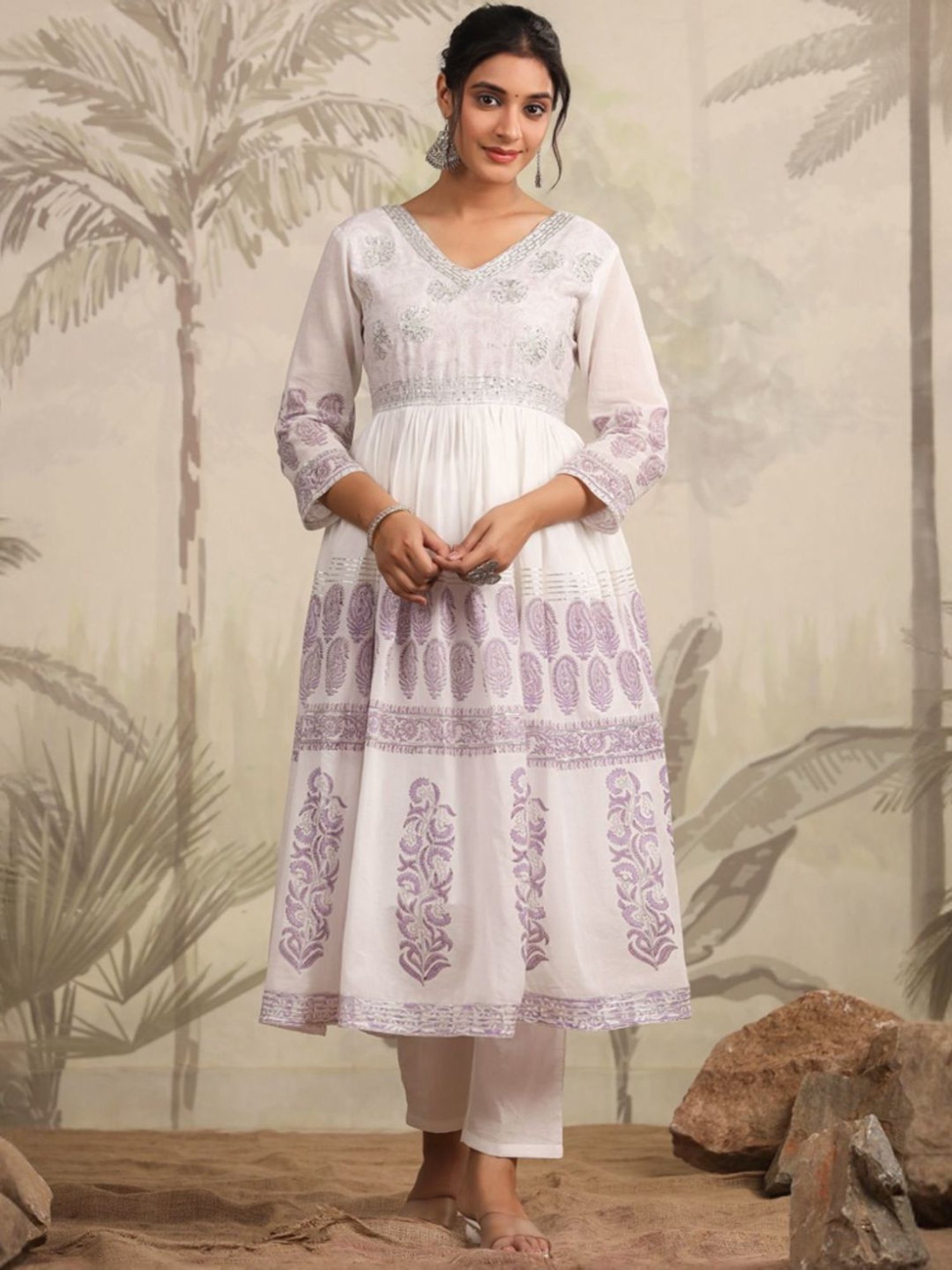 SCAKHI White & Lavender Hand-Block Printed Anarkali Kurta And Pant With Dupatta