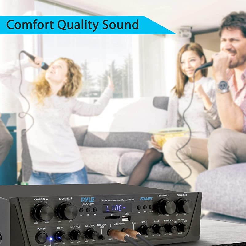 500W Karaoke Wireless Bluetooth Amplifier - 4 Channel Stereo Audio Home Theater Speaker Sound Power Receiver with AUX IN, FM, RCA Subwoofer Speakers OUT, USB, Microphone IN with Echo -  PTA44BT