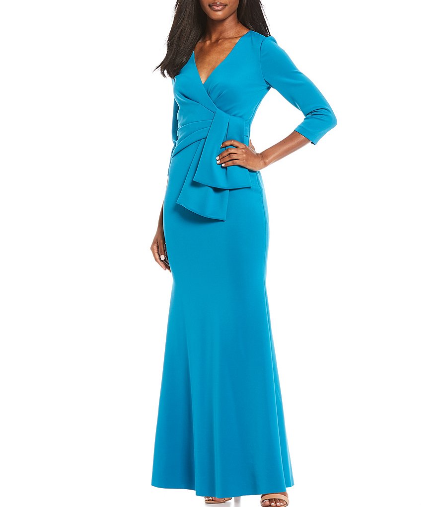 Eliza J Scuba Faux Wrap Ruffle Front Gown