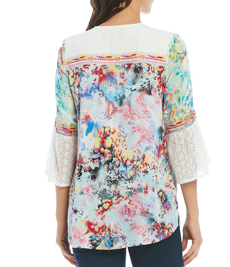 Calessa Petite Size Tie Dye Embroidered Neck Bell Sleeve Tunic