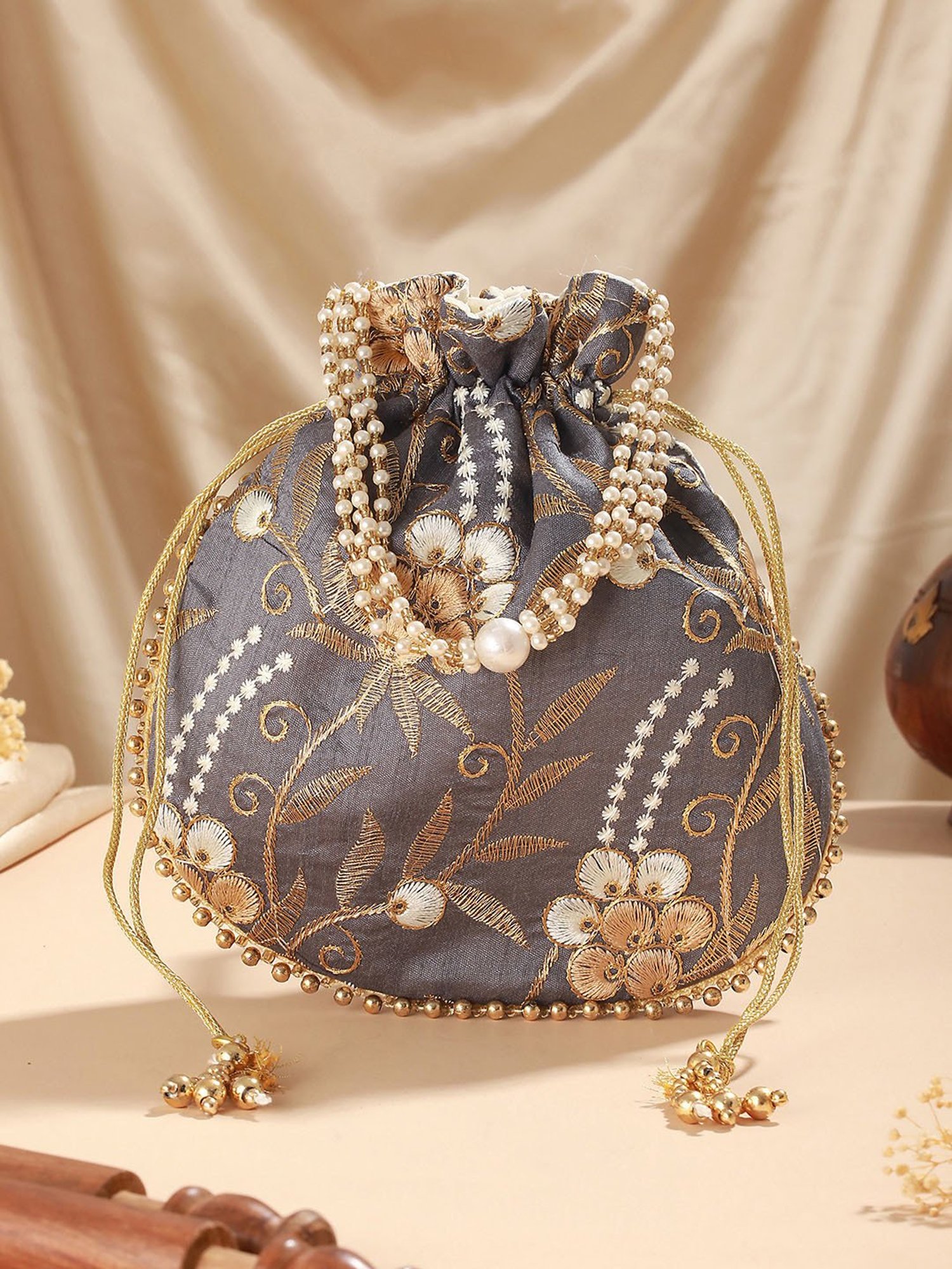 Aatmana Grey & Gold Embellished Small Potli