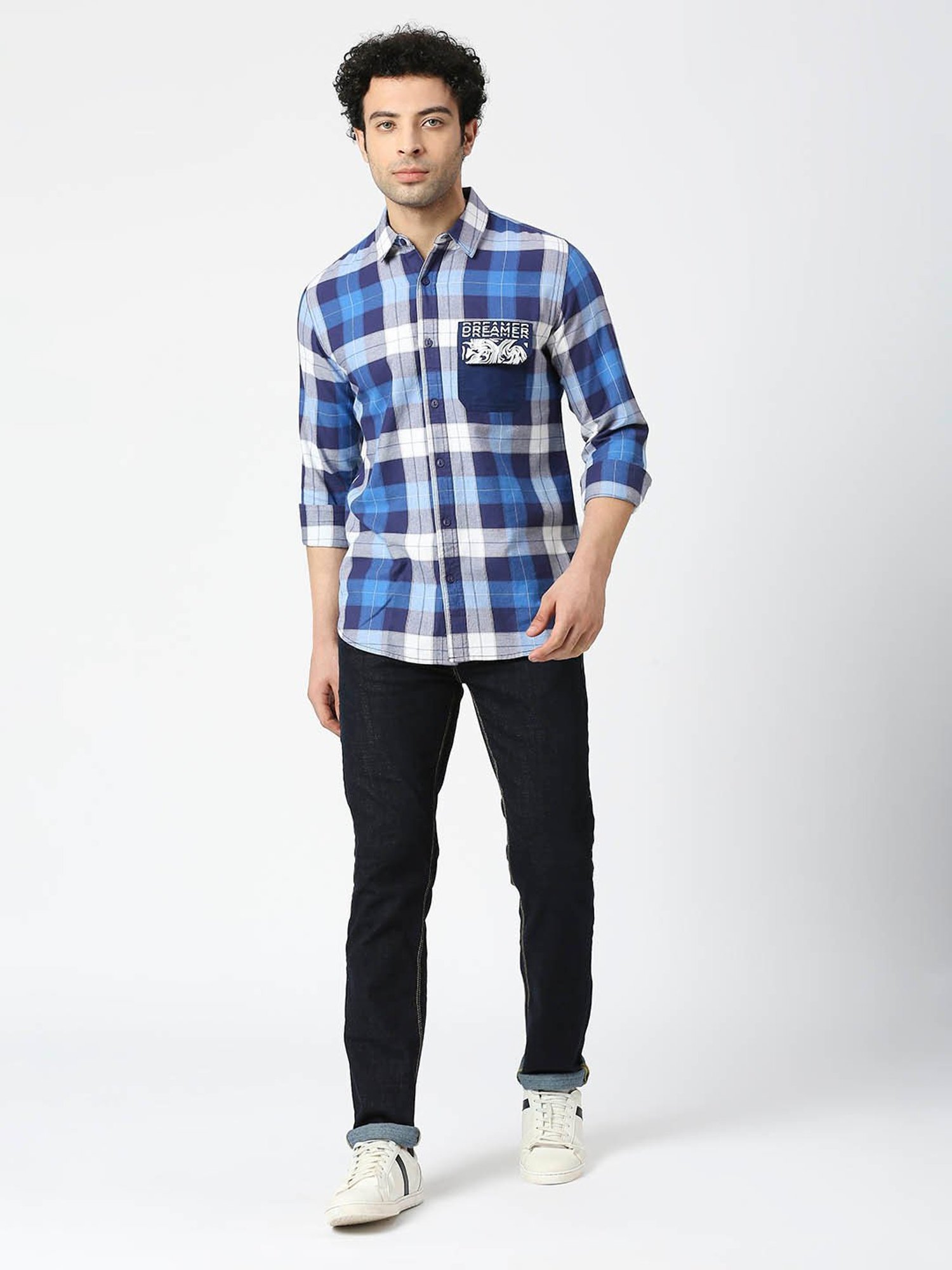 SOLEMIO Blue Slim Fit Checks Shirt