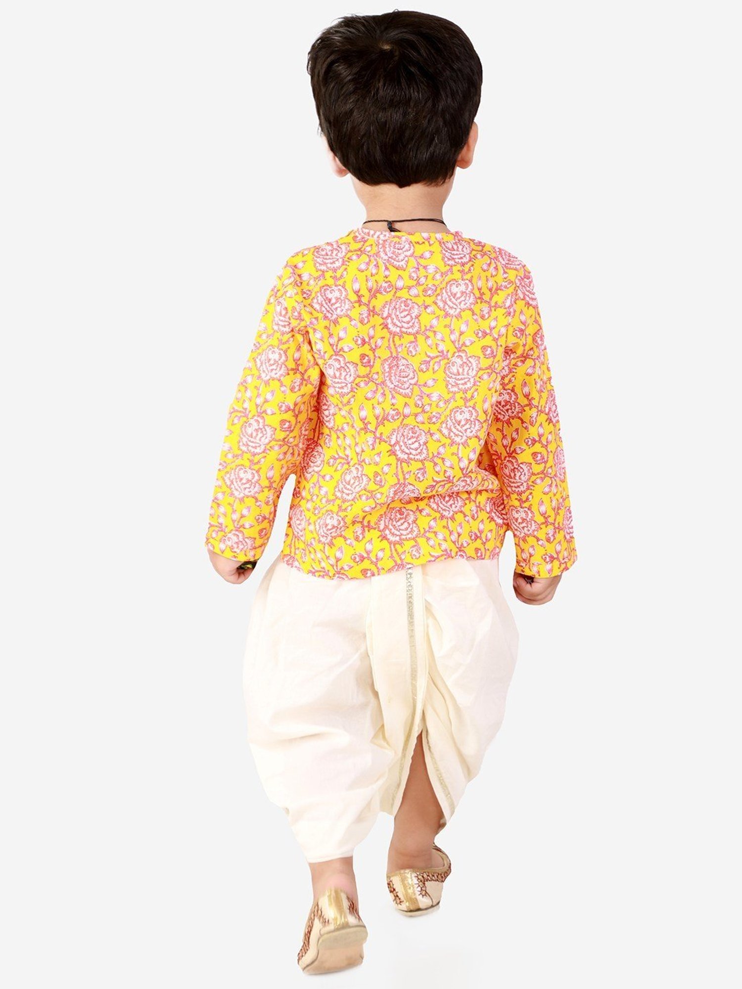 Lil Drama Kids Yellow & White Cotton Printed Full Sleeves Kurta Set