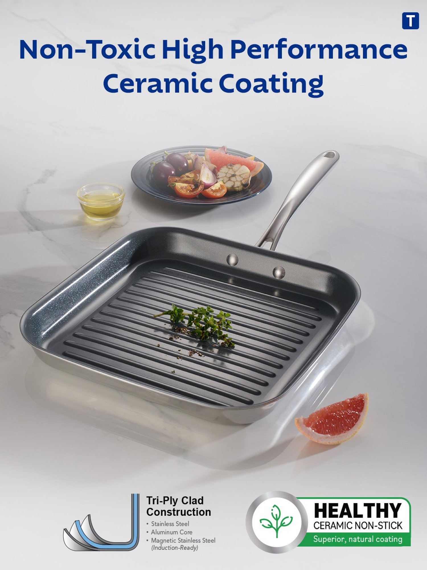 Tramontina Fusao Non-Toxic Triply Stainless Steel Ceramic Grill Pan 26cm Stay Cool Handle