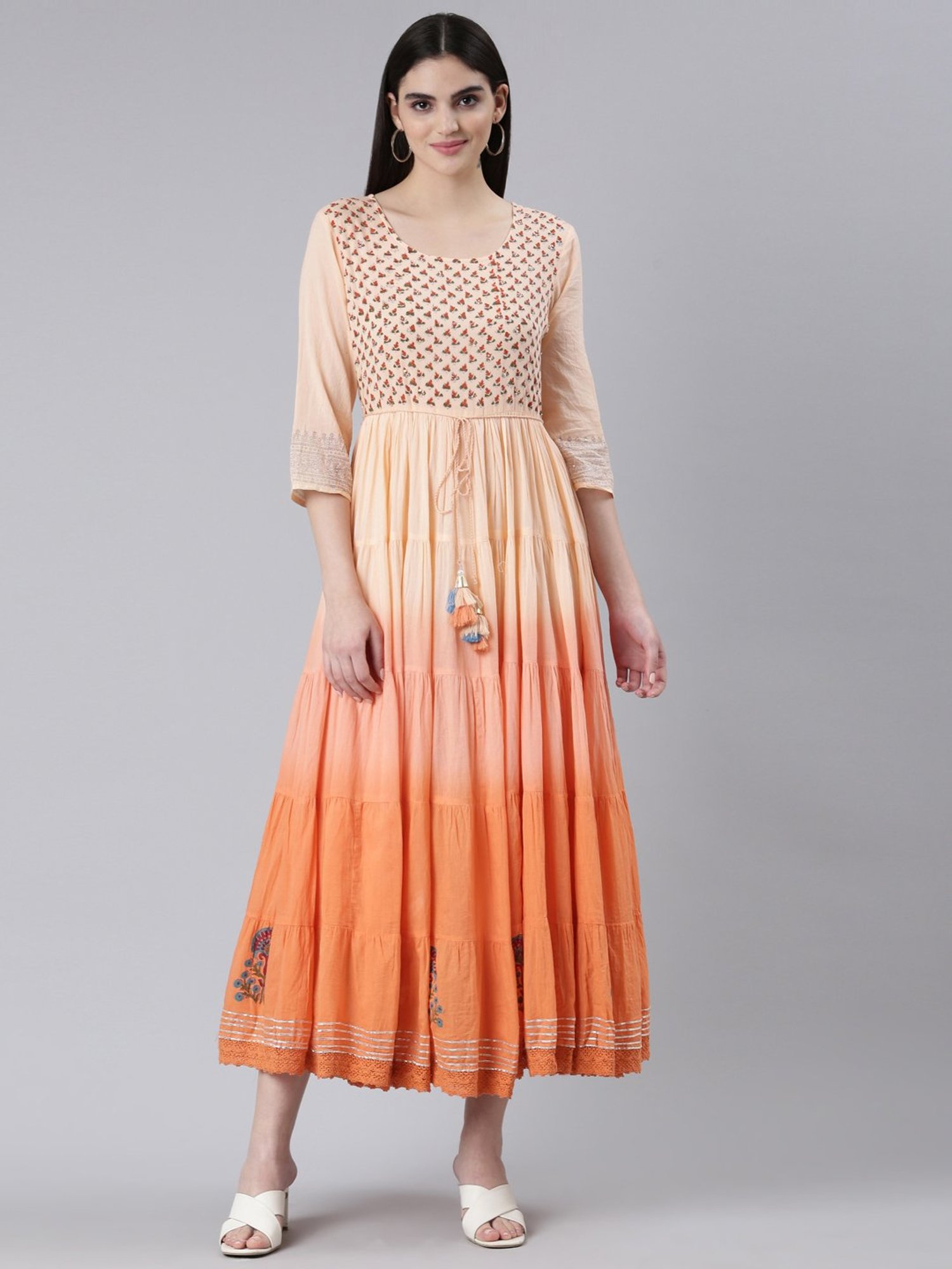 Neerus Peach Cotton Printed Princess Panel Dress