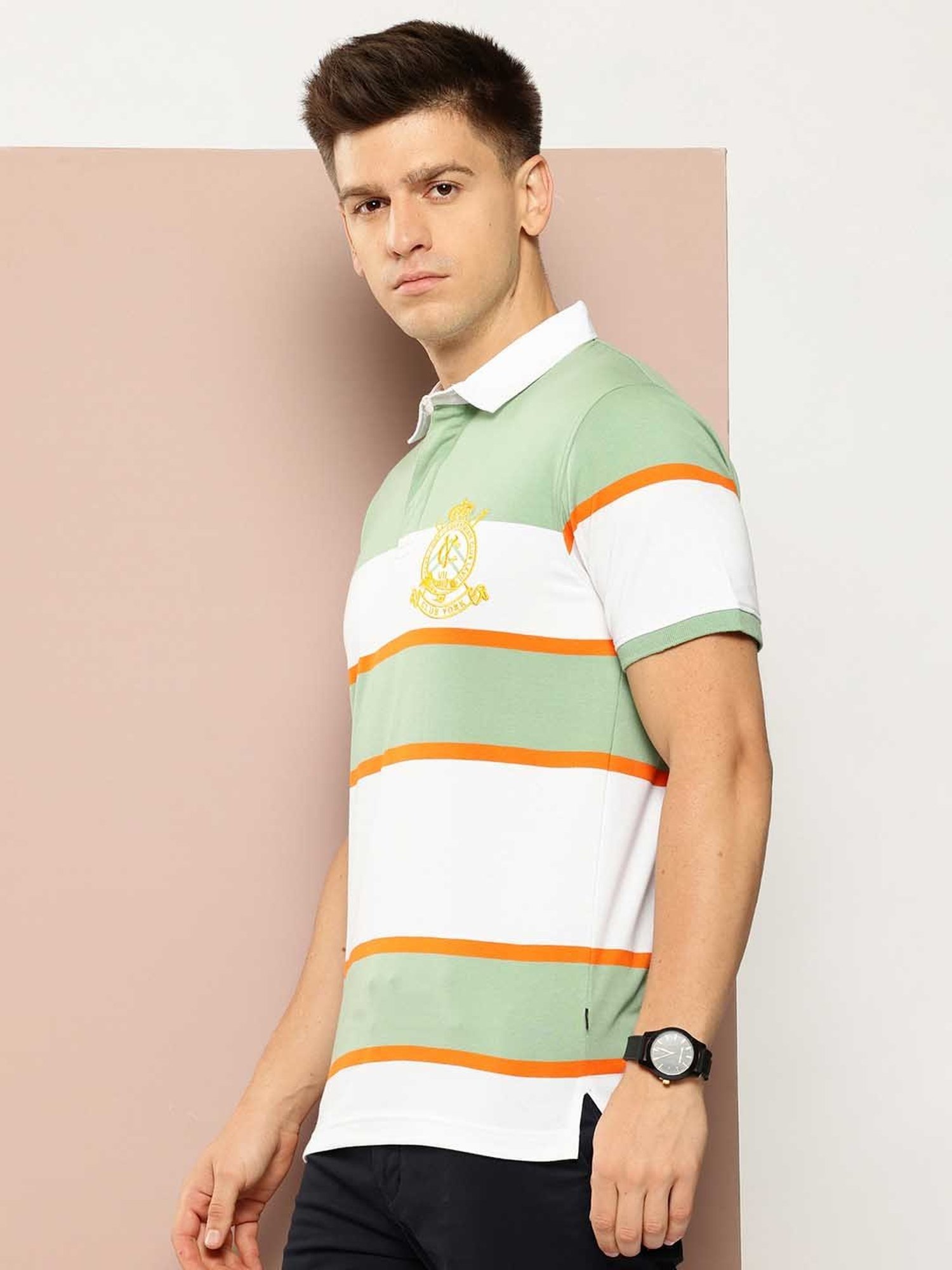 Club York Light Green & White Regular Fit Striped Polo T-Shirt