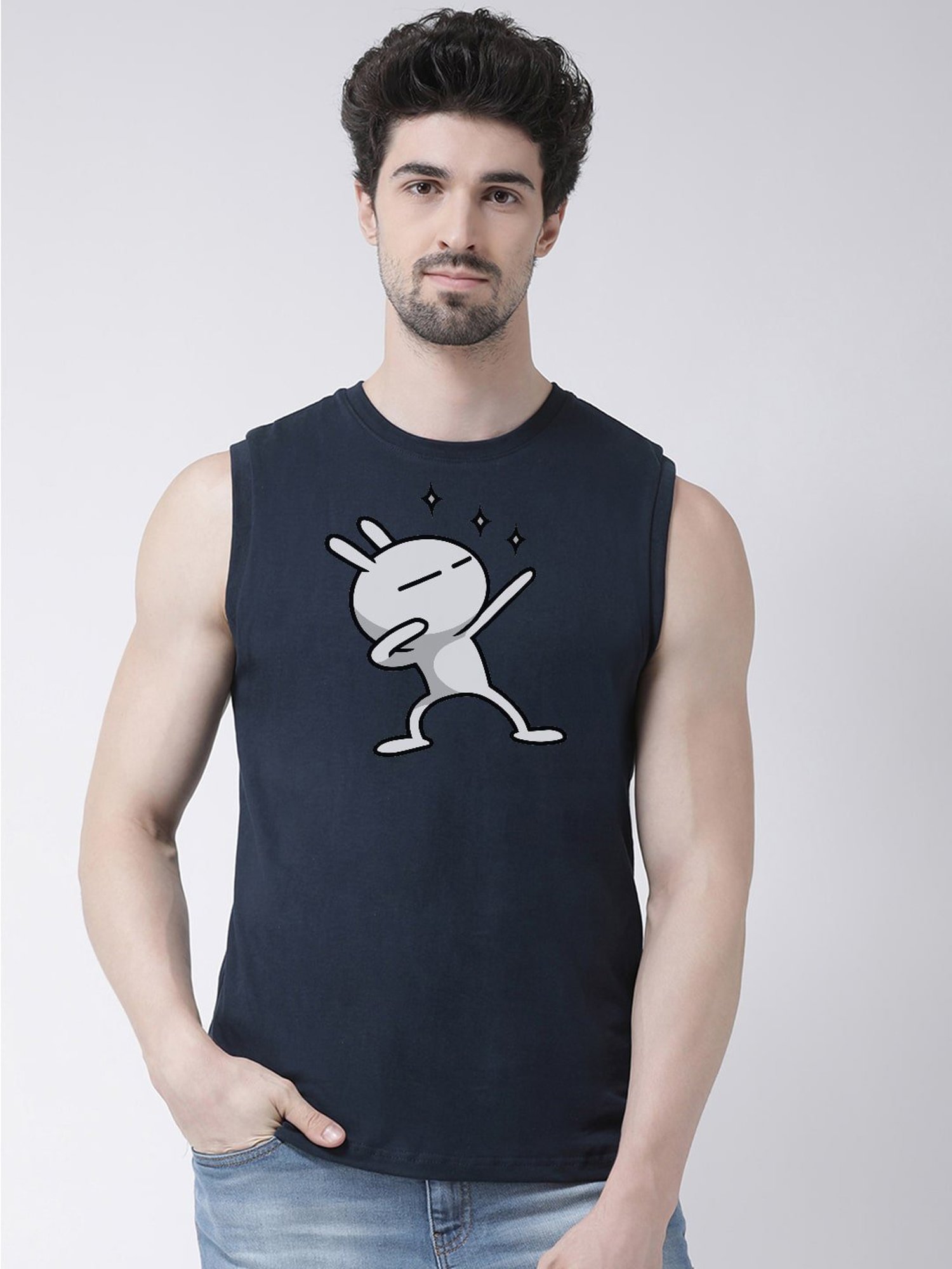 Friskers Navy Slim Fit Graphic Print Sleeveless T-Shirt