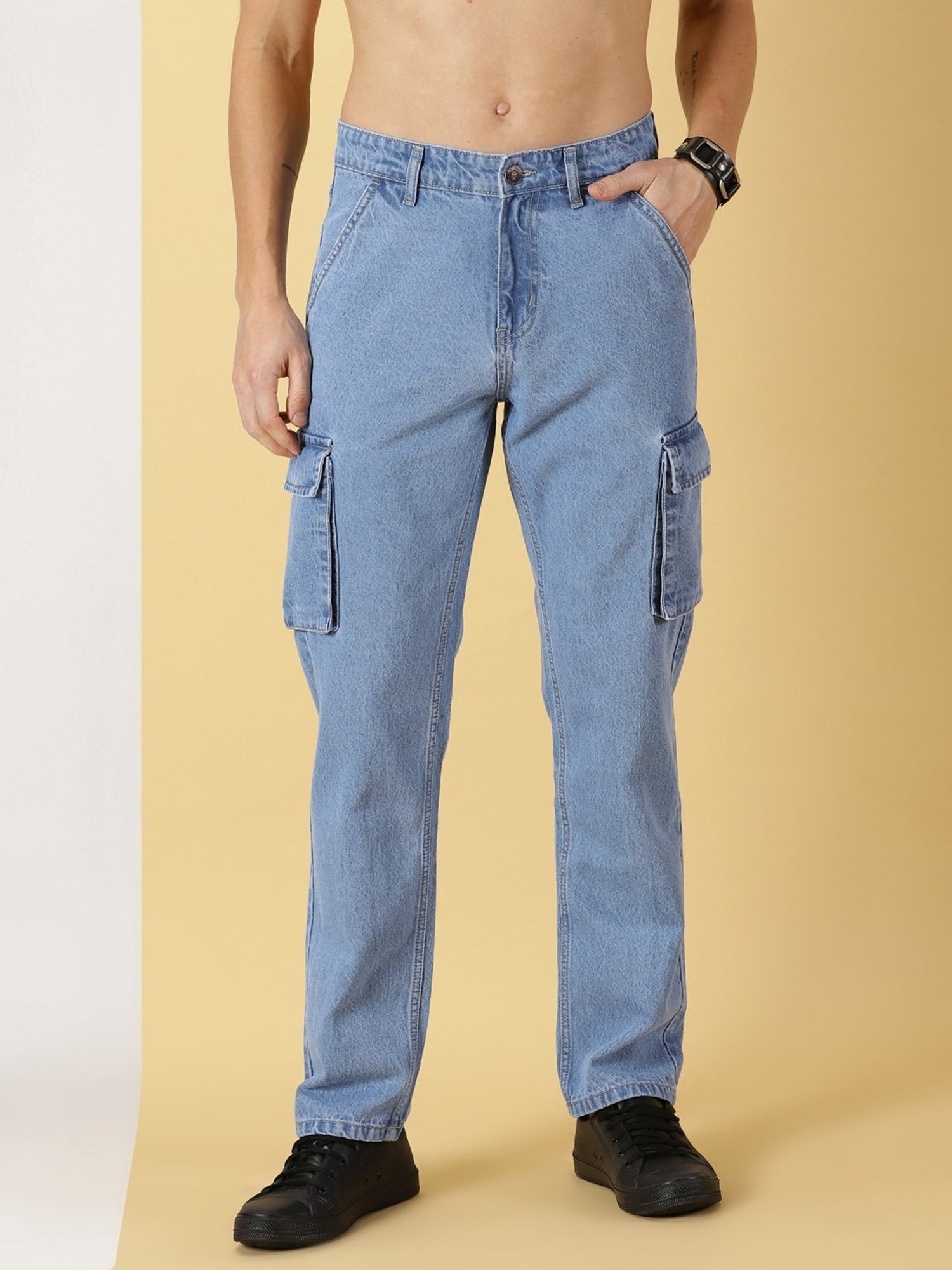 Thomas Scott Light Blue Cotton Relaxed Fit Cargo Jeans