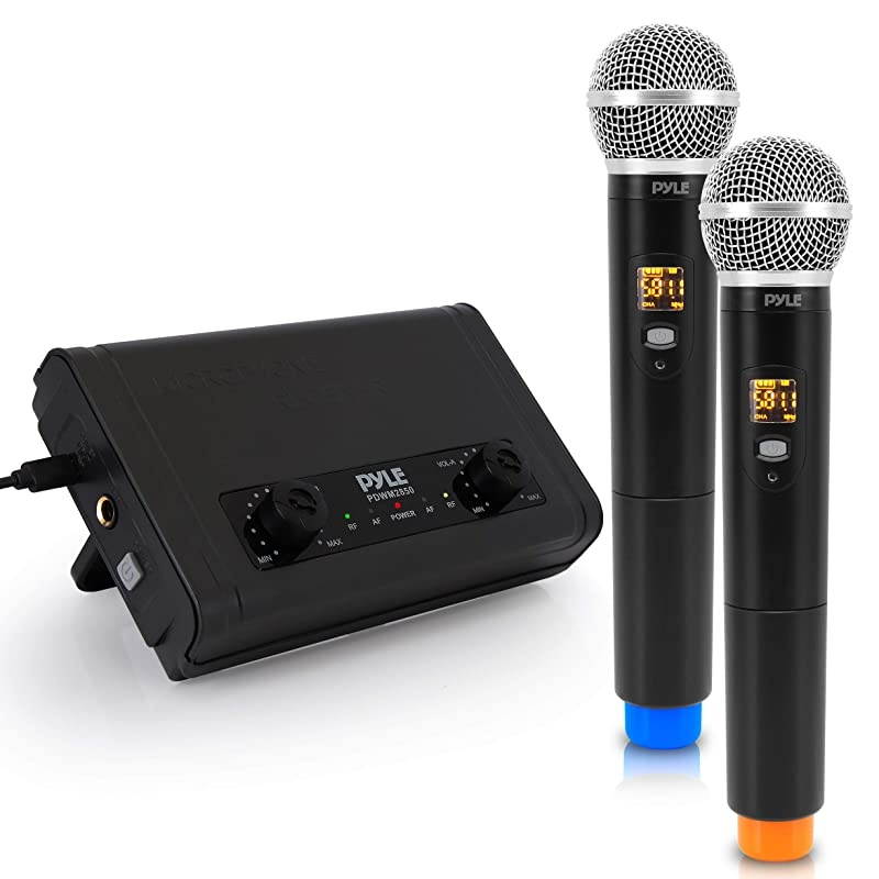 Compact UHF Wireless Microphone System Pro Portable Dual Channel Desktop Digital Mic Receiver Set w 2 Handheld Mic Receiver Base USB Cable Battery For Home PA Karaoke DJ  PDWM2850