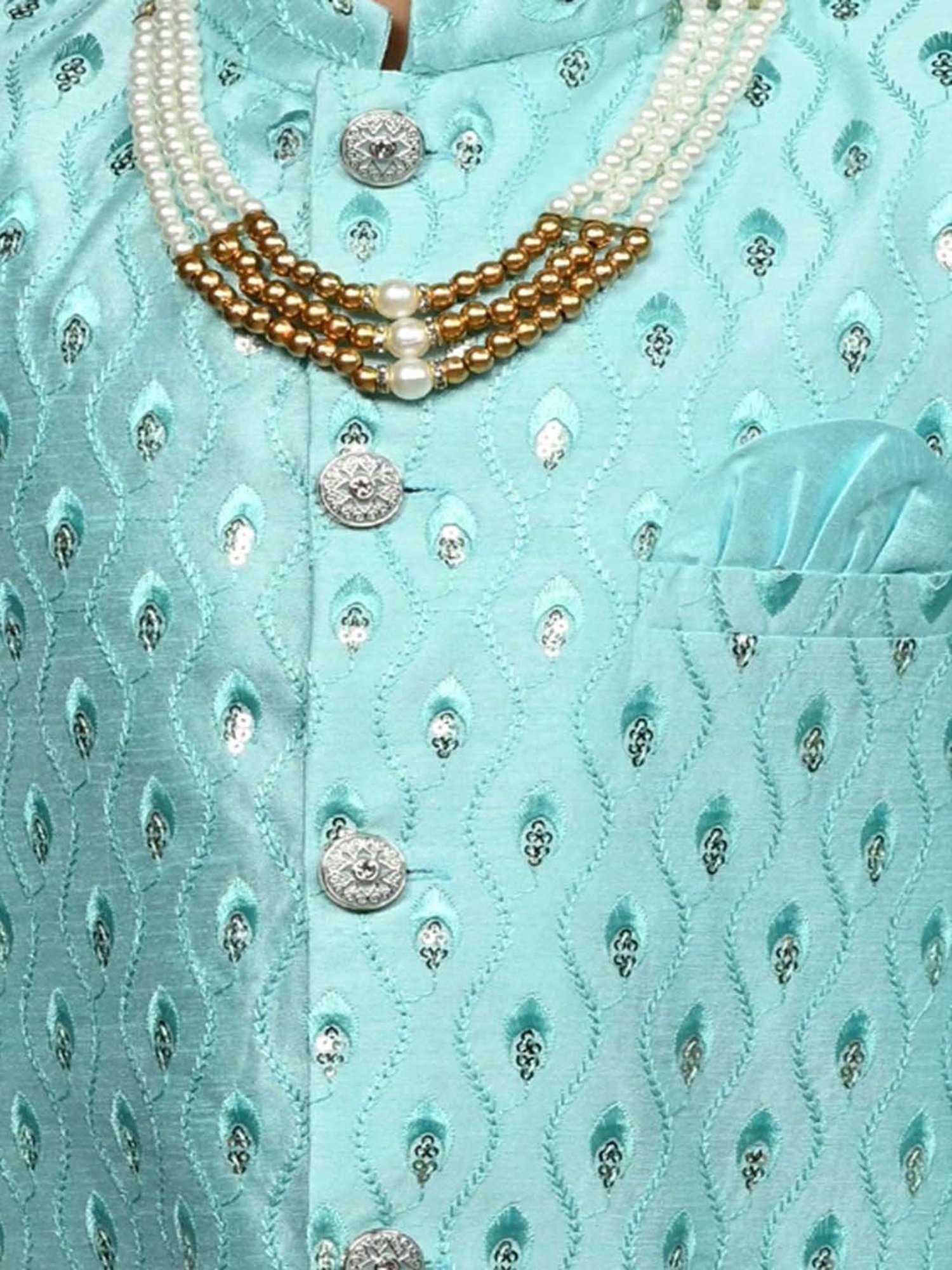 Ahhaaaa Kids Blue & White Embellished Full Sleeves Sherwani Set