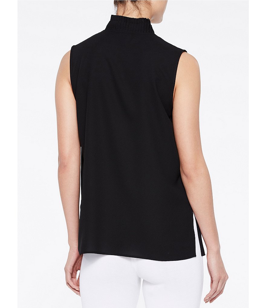 Ming Wang Crepe de Chine Pleated Split Mock Neck Sleeveless Blouse