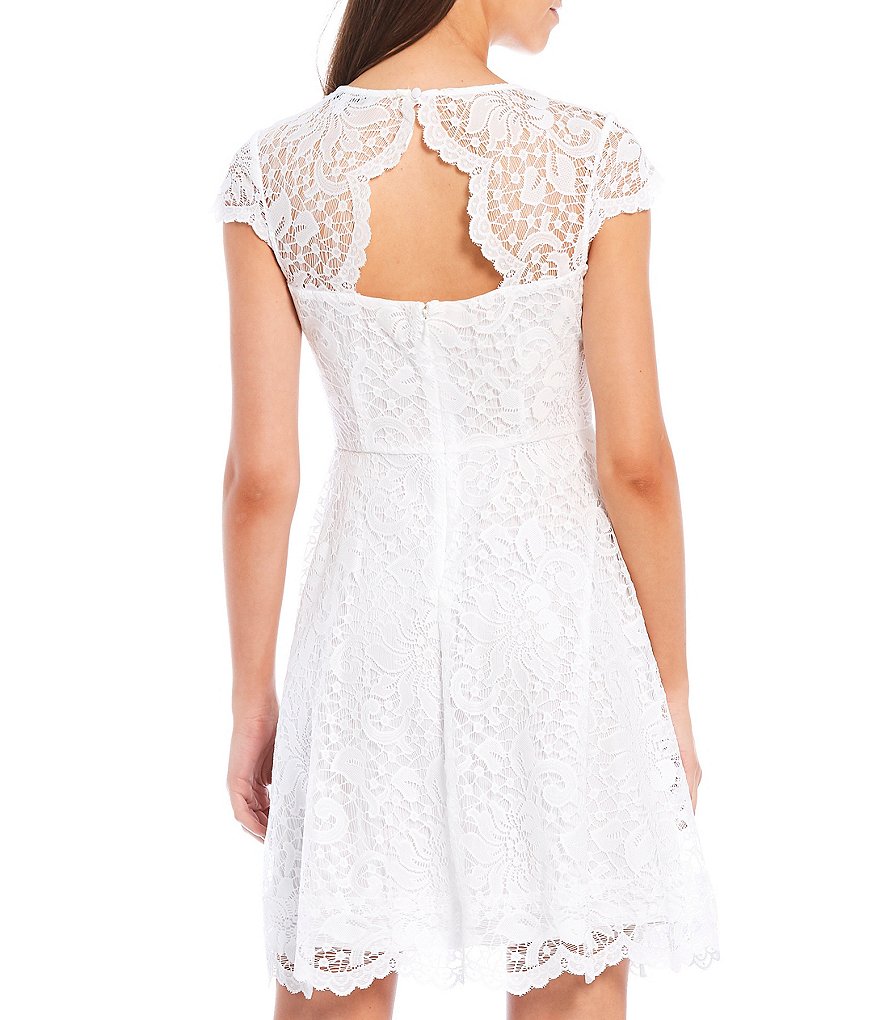 Kensie Illusion Neck Cap Sleeve Lace Fit & Flare Scallop Hem Fit & Flair Dress