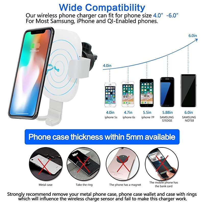 Car Charger Mount QI Fast Charging Auto Clamping Phone Holder Air Vent Compatible with Samsung Galaxy S10 S9 S8 S7 Edge Note 8 5 + iPhone X Xs Max 8 Plus