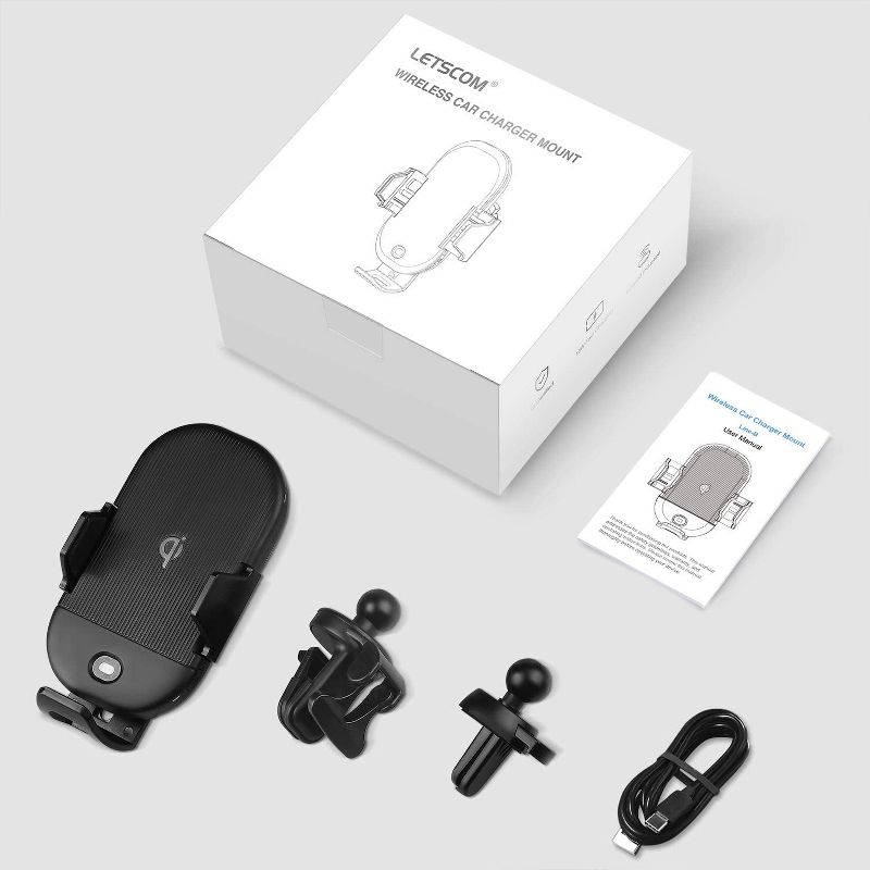 Letscom Wireless Car Charger,15W Qi Fast Charging Car Mount Charger Auto-Clamping Air Vent Phone Holder - Black