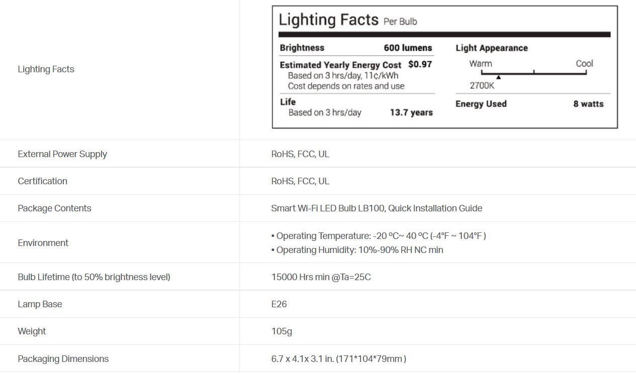 TP-Link Smart LED Light Bulb, Wi-Fi, Dimmable White, 50W Equivalent, Works with Amazon Alexa, 1-Pack (LB100)