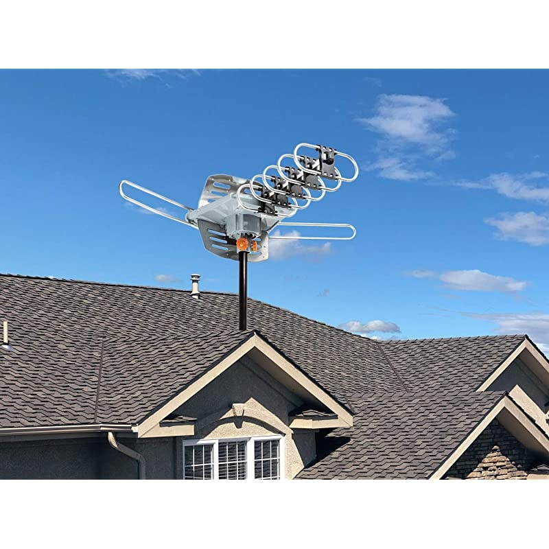 Outdoor HDTV Antenna 2019 Newest Model Up to 150 Miles Long Range with Motorized 360 Degree Rotation, UHF/VHF/FM Radio with Infrared Remote Control Advanced Design Plus Installation Kit