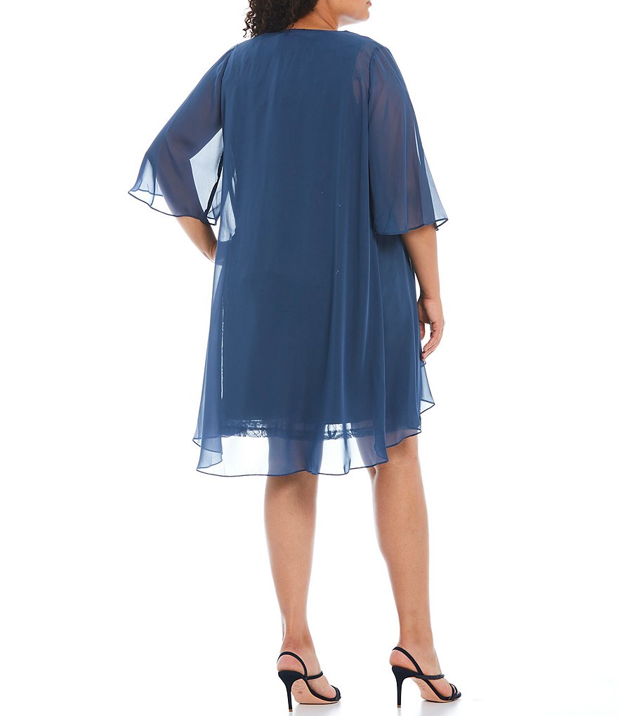 Ignite Evenings Plus Size Round Neck 3/4 Sleeve Embroidered Soutache Mesh 2-Piece Jacket Dress