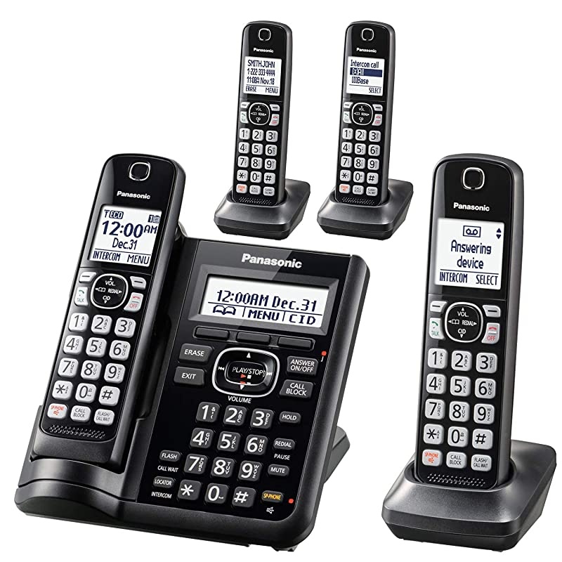 Cordless Phone System with Answering Machine, One-Touch Call Block, Enhanced Noise Reduction, Talking Caller ID and Intercom Voice Paging - 4 Handsets - KX-TGF544B (Black)
