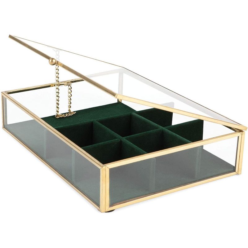 Farmlyn Creek Glass with Gold Trim Jewelry Box with Green Velvet Organizer (7.1 x 5.5 x 1.6 In)