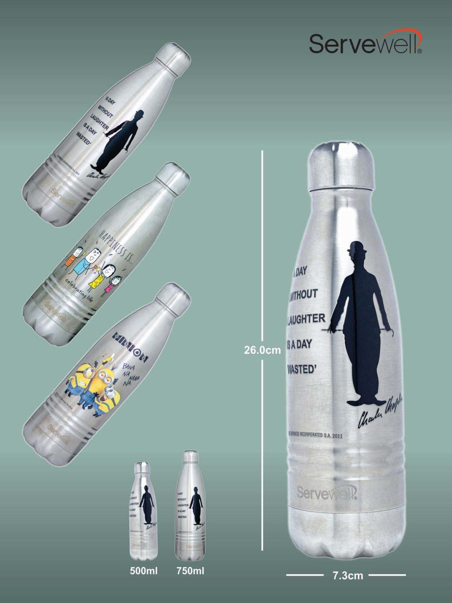 Servewell Indus Silver & Black Stainless Steel Charlie Chaplin Printed Vacuum Bottle (0.5 L)