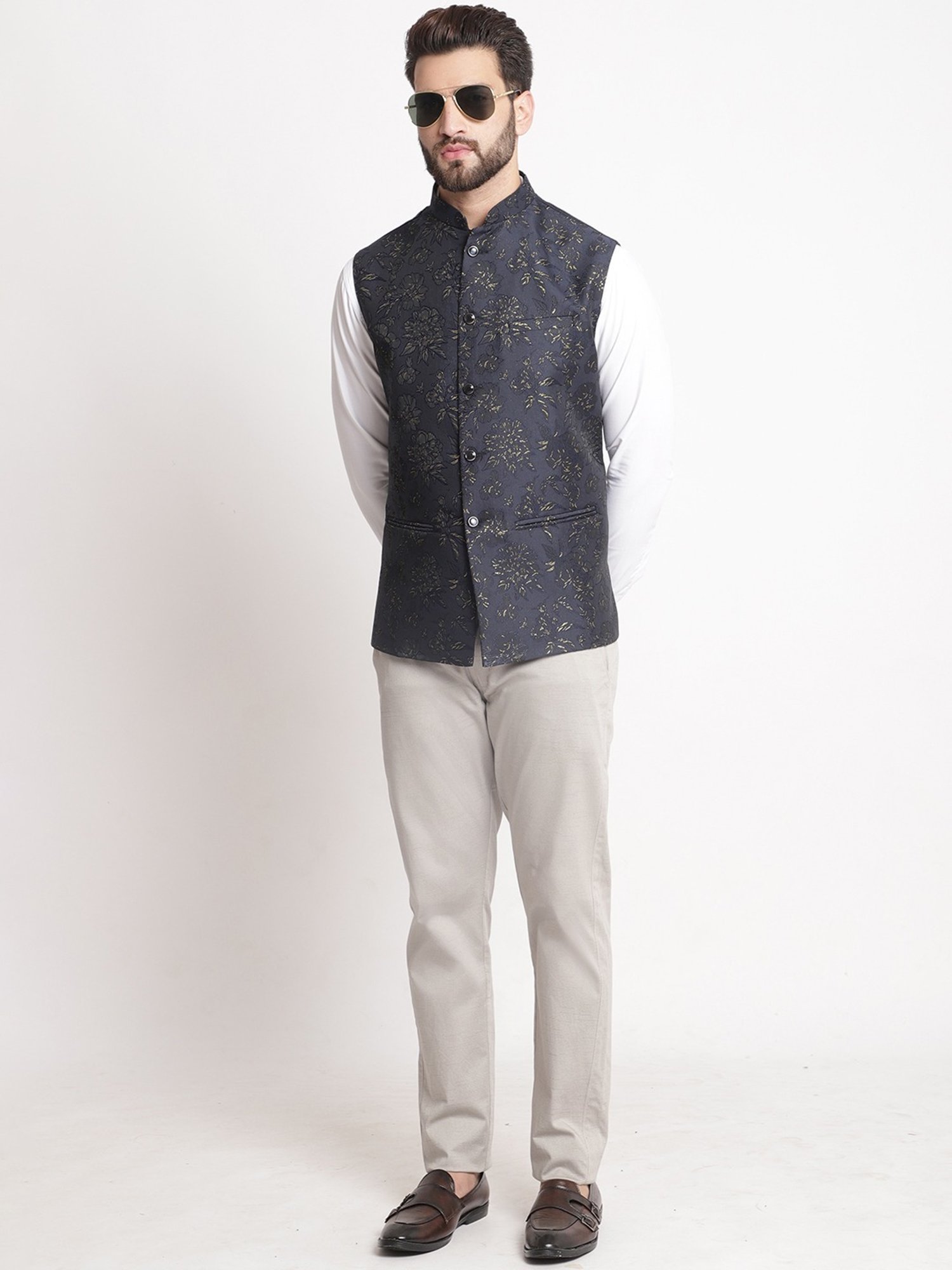 Treemoda Blue Regular Fit Embroidered Nehru Jacket