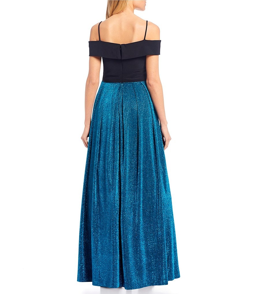 Morgan & Co. Off-The-Shoulder Cap-Sleeve Metallic Shimmer Long Dress