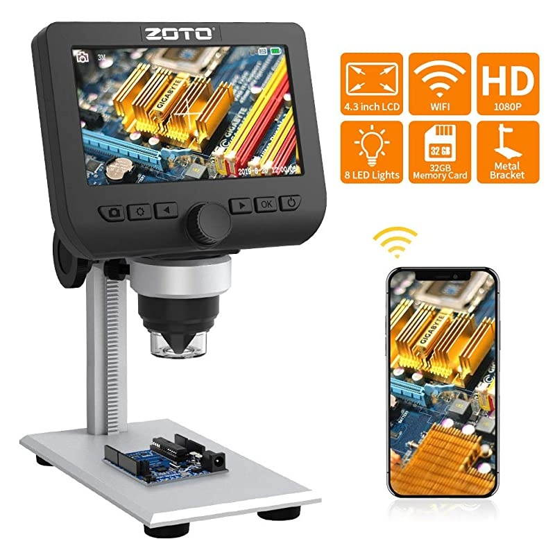 Digital Microscope  43inch 1080P Full HD LCD WiFi Microscope Camera 1000X Magnification Build in Rechargeable Battery 32GB USB Microscope for Kids Students LabEduSupport IOS Android PhonePC