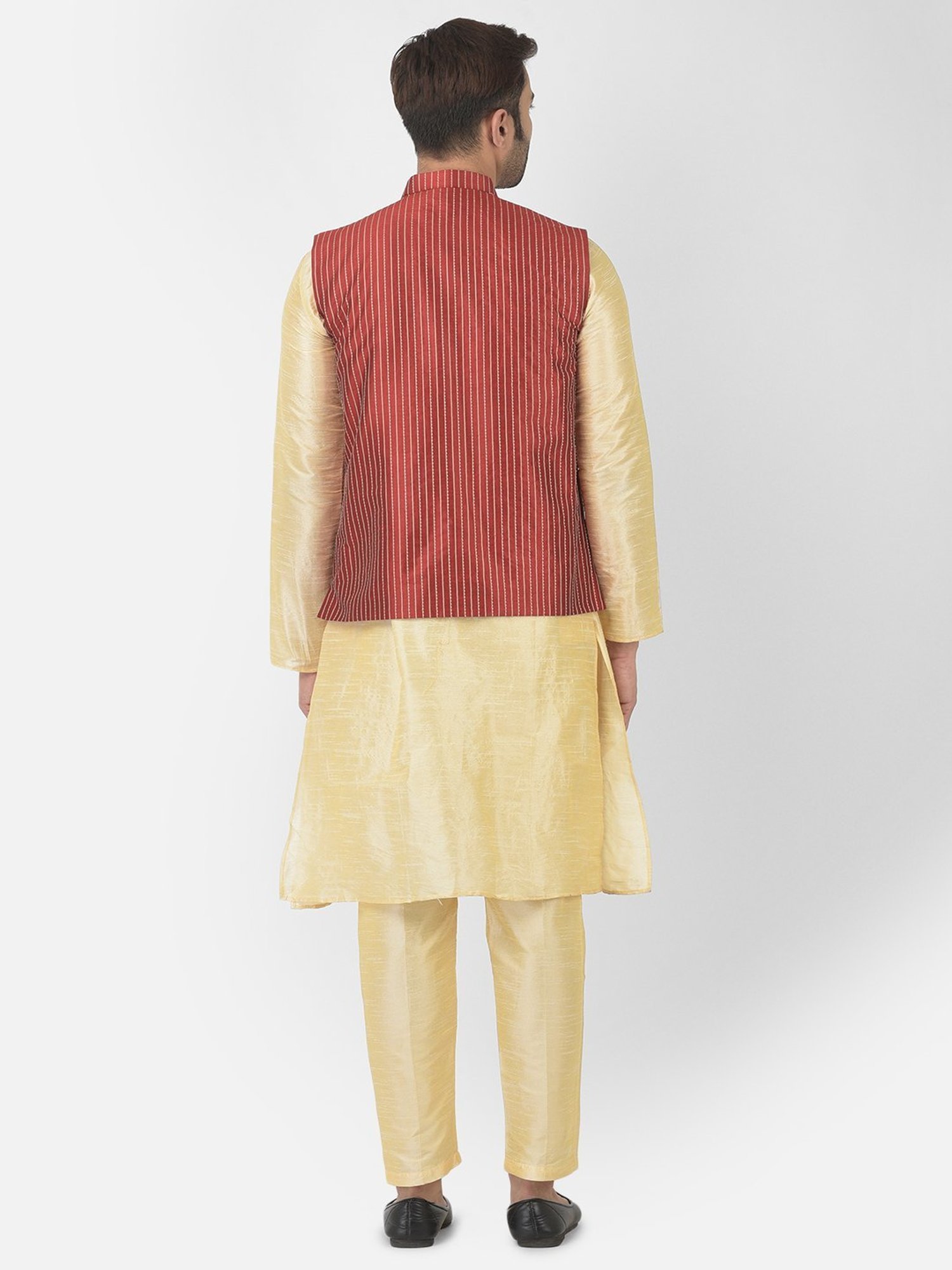 Deyann Red & Yellow Regular Fit Striped Kurta Set With Jacket
