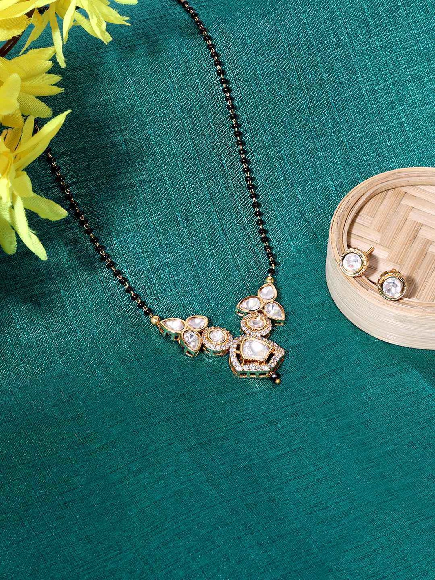 Abdesigns Gold-Plated American Diamond & Black Beaded Mangalsutra