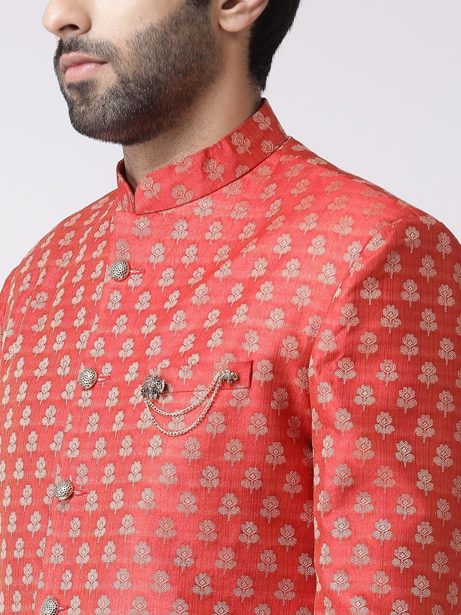 Hangup Plus Beige & Black Regular Fit Printed Sherwani Set