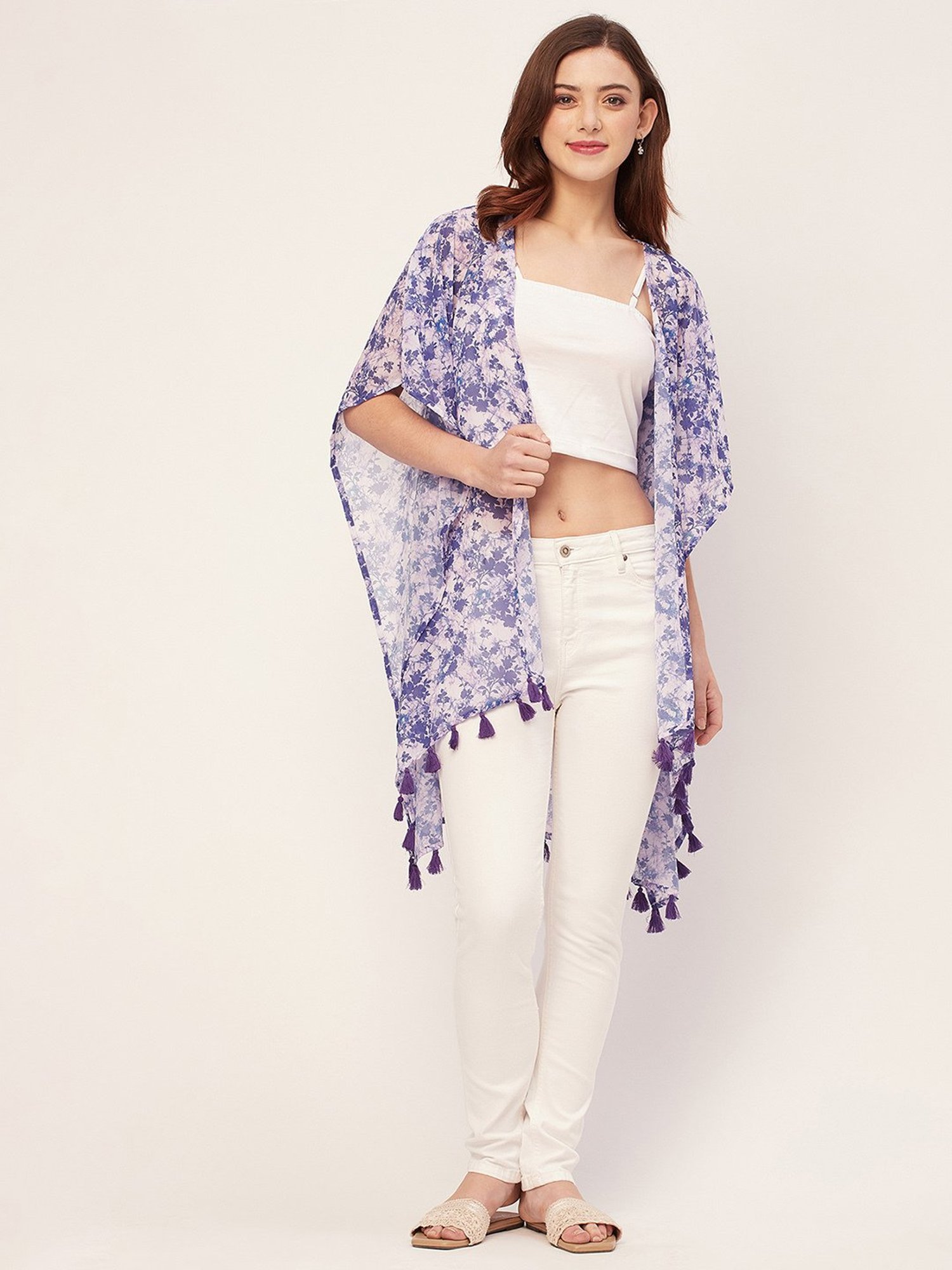 Moomaya Violet & White Floral Print Shrug