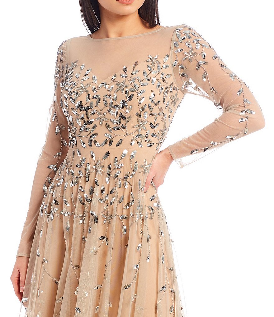 Kay Unger Long Bishop Sleeve V-Neck Crepe A-Line Dress