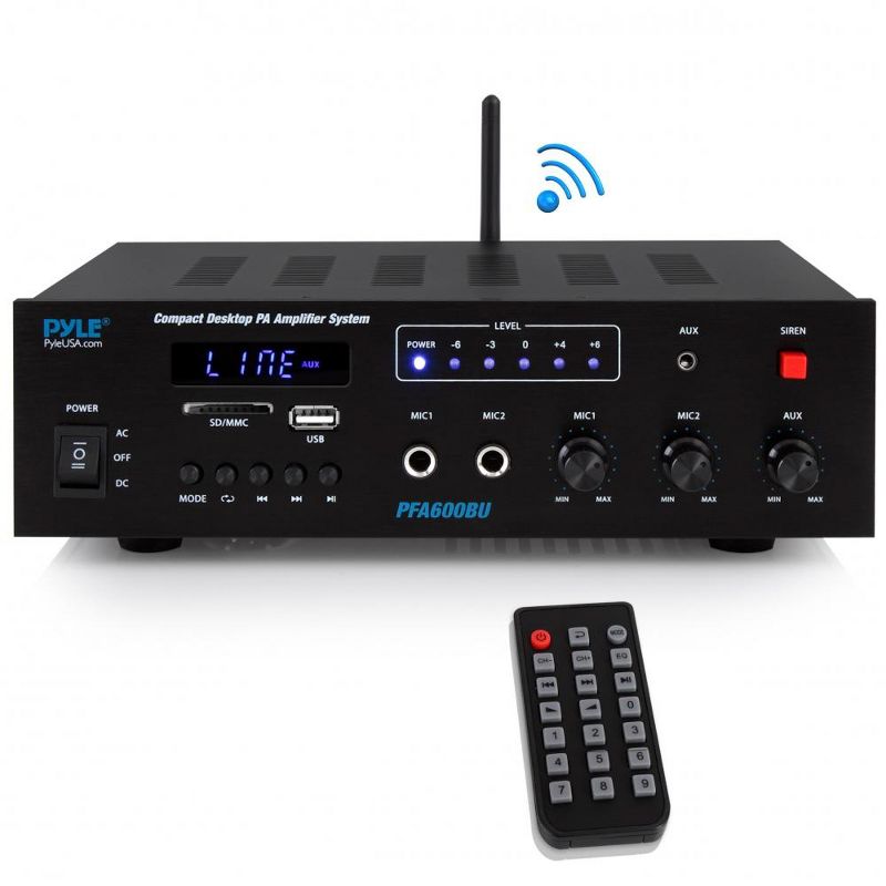 Pyle PFA600BU 300 Watts 2-Channel Compact Bluetooth Public Address Amplifier Mixer with 2 Microphone Input Controls, FM Radio, and USB